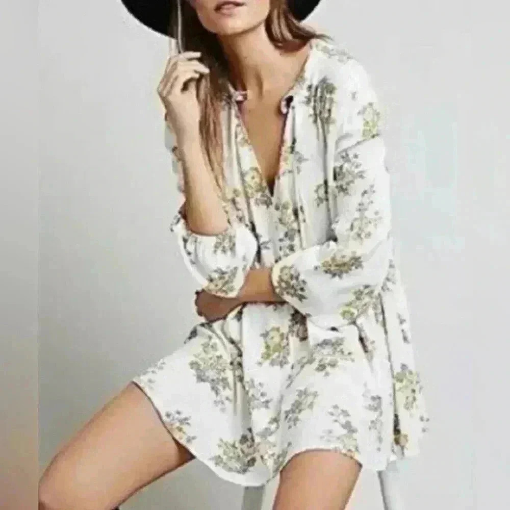 Free People White Gardenia Retro Swing Tunic Mini Dress Floral Long Sleeve M - Picture 7 of 7